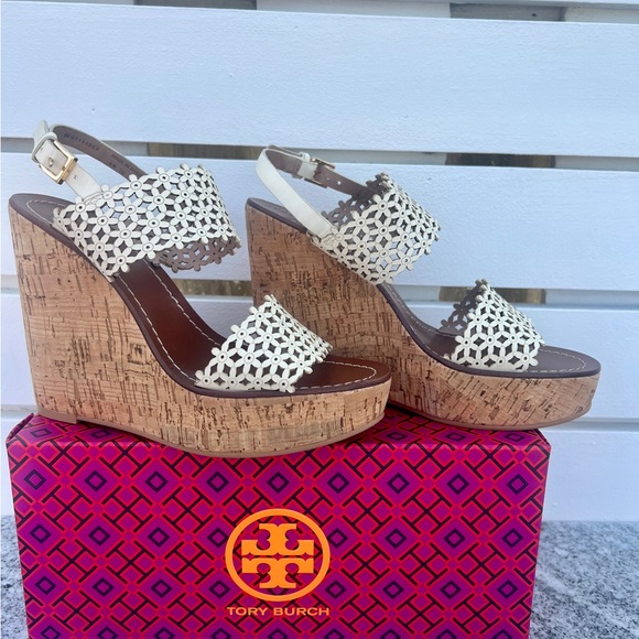 Tory Burch Cork Platform Wedge Sandals Cream Cutout Leather Women’s Sz 8 NEW - Picture 8 of 12